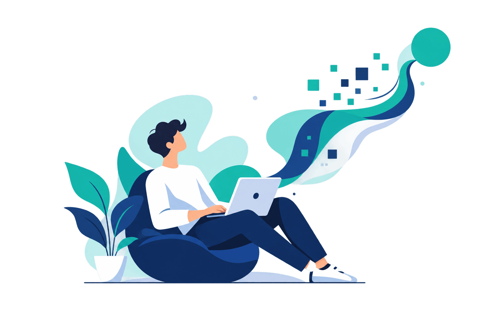 Flat vector illustration of a developer relaxing with a laptop